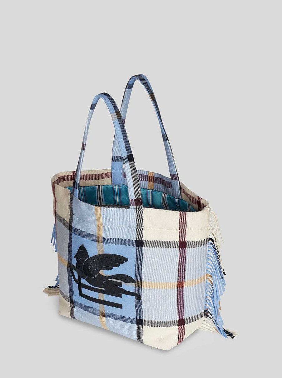 ETRO Large Check Jacquard Soft Trotter Tote Bag With Fringing | Shopping Bags