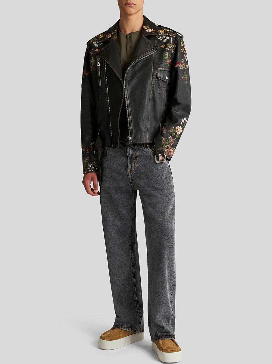 ETRO Leather Biker Jacket With Embroidery | Coats And Outerwear