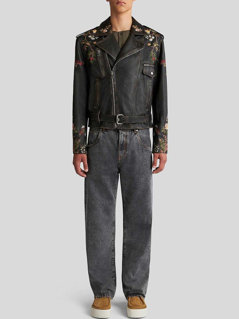 ETRO Leather Biker Jacket With Embroidery | Coats And Outerwear