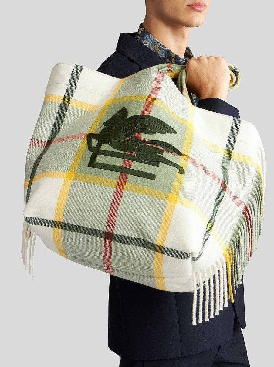 ETRO Large Check Jacquard Soft Trotter Tote Bag With Fringing | Shopping Bags